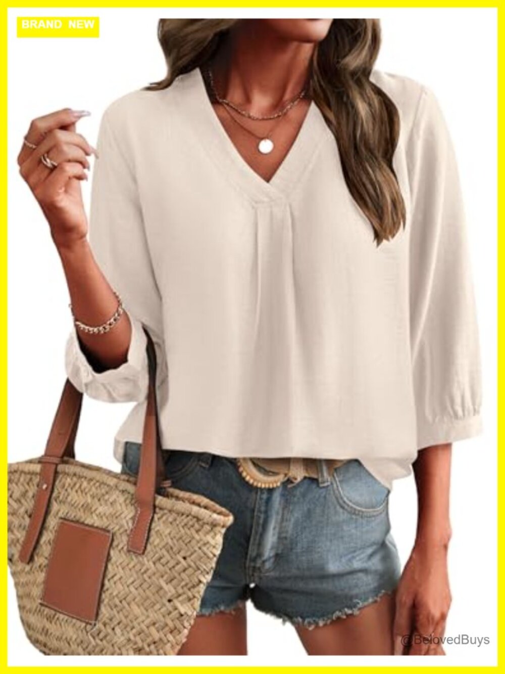 Womens 3/4 Sleeve V Neck Boho Peasant Blouse Casual Top